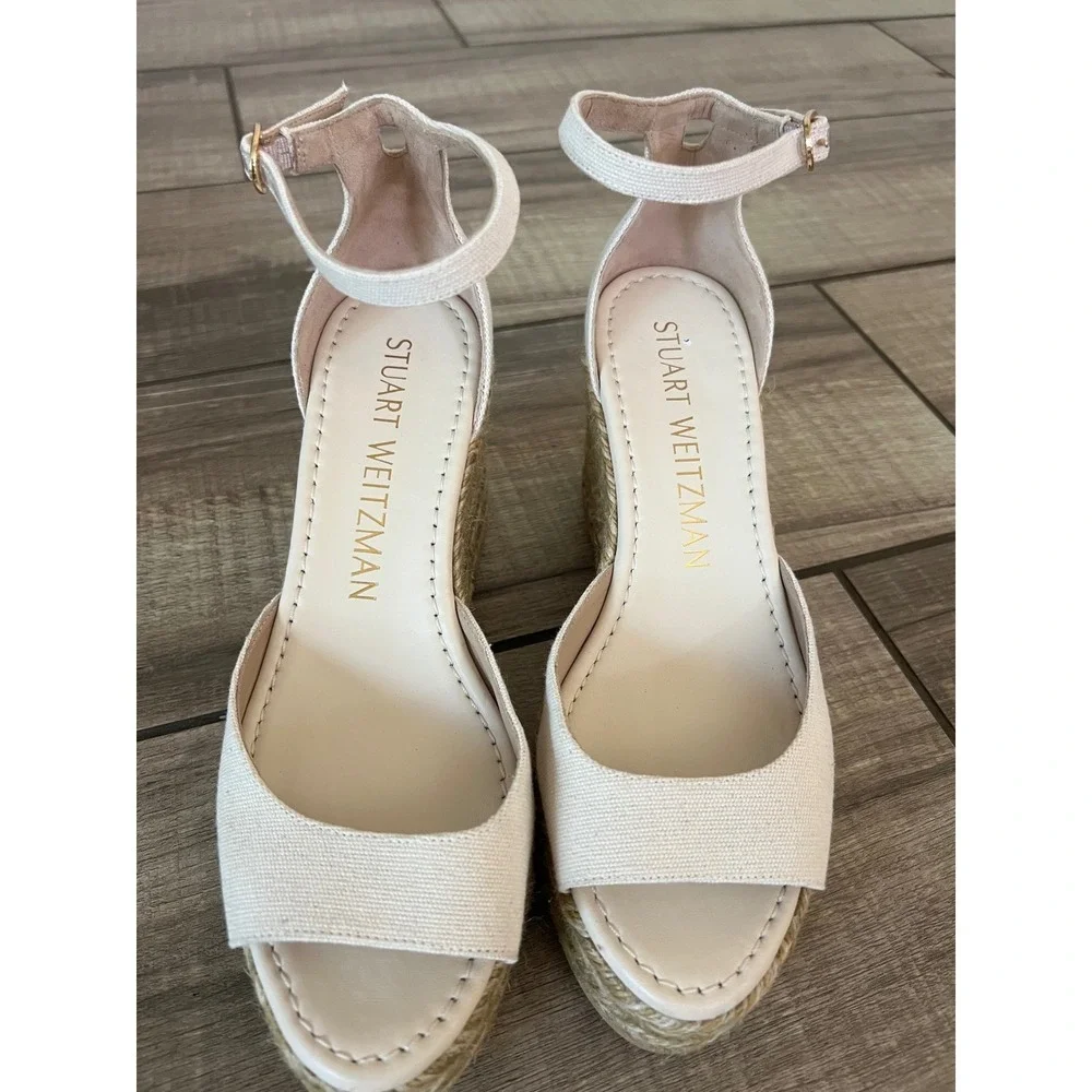 Stuart Weitzman Canvas Espadrille Wedge Sandal Ankle Strap Platform size 9